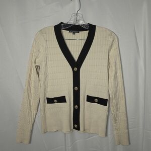 Adrianna Papell Cream Cardigan with Black Trim and Gold Buttons - V-Neck Knit
